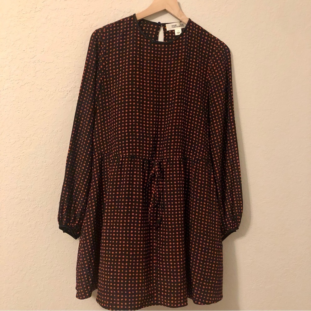 DVF Black 100% Silk With Red Polka Dot Balloon Long Sleeve Dress